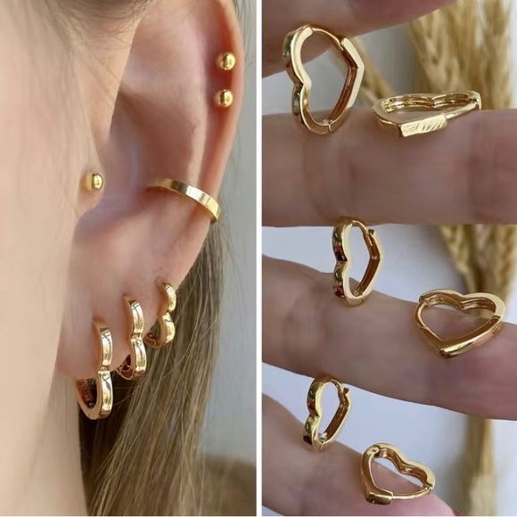 Jewelry - 14k Gold Plated Heart Huggie Hoop Earrings - Small & Extra Small